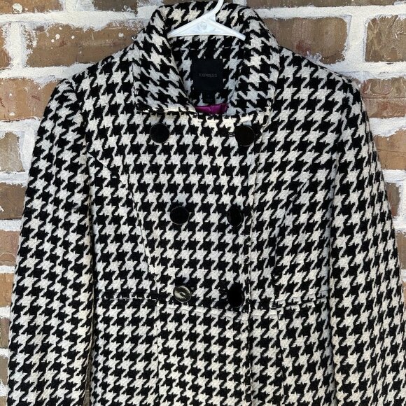 Express Pea Coat Wool Blend Houndstooth White Black Y2K Women's Size S‎ New - Picture 2 of 12